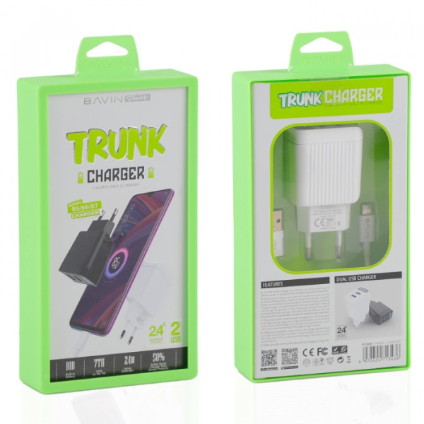 Bavin Chargeur 2 Usb 2.4A + Cable Usb To Type C - Blanc - PC500Y